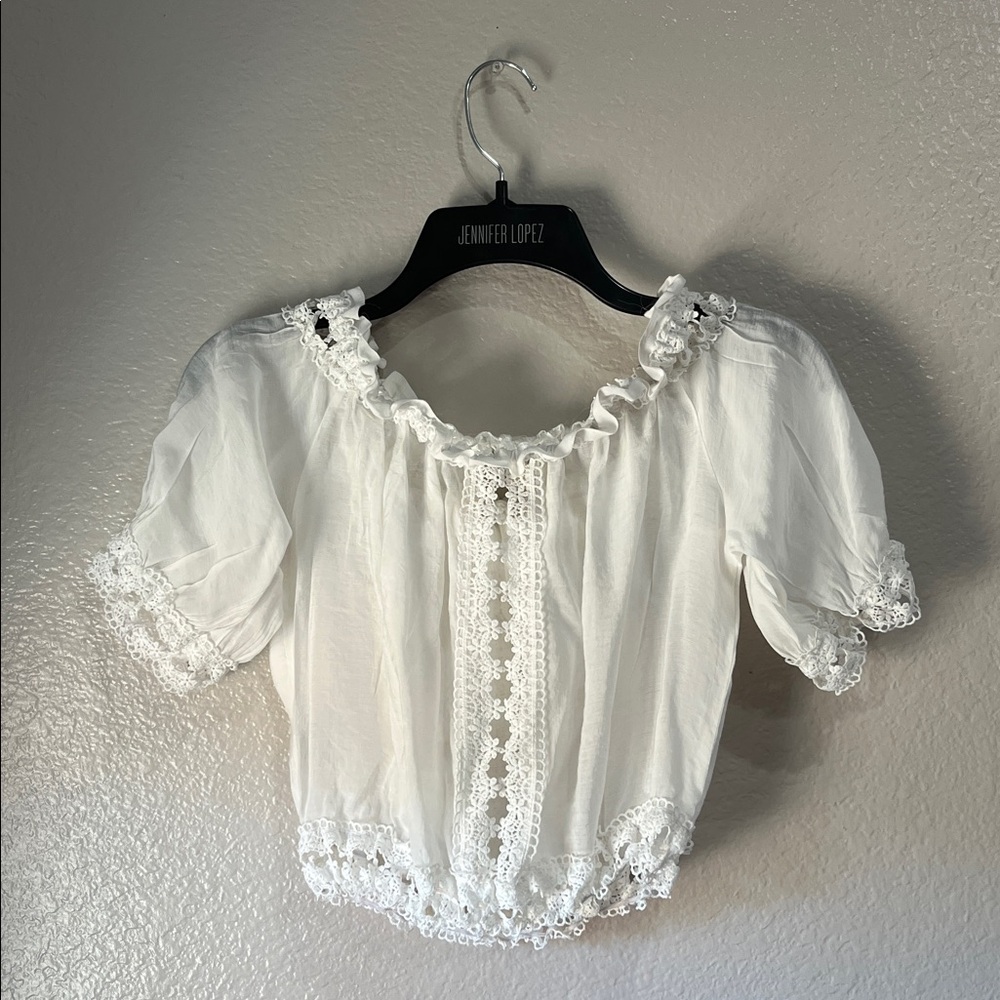Elan Women’s White Lace-Trim Peasant Cropped Blouse  Off Shoulder Sz M Summer - Picture 8 of 8